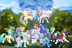 Size: 2048x1366 | Tagged: safe, artist:alus, derpibooru import, oc, oc only, oc:seven sister, alicorn, bat pony, bat pony alicorn, earth pony, kirin, original species, pony, unicorn, alicorn oc, bat pony oc, bat wings, bow, cape, chest fluff, choker, claws, clothes, curved horn, dress, ear fluff, earbuds, ears, earth pony oc, female, forest, glasses, goggles, goggles on head, hair bow, hair braid, halo, hoodie, horn, kirin oc, leonine tail, mare, one eye closed, ponytail, round glasses, sailor uniform, skirt, socks, tail, tree, unicorn oc, uniform, wings, wink