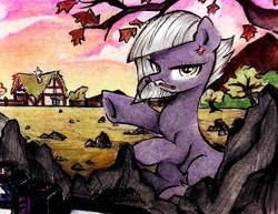 Size: 2051x1587 | Tagged: safe, artist:liaaqila, derpibooru import, limestone pie, earth pony, pony, angry, autumn, building, complex background, cross-popping veins, emanata, female, looking at you, mare, mouth hold, pickaxe, rock, rock farm, sitting, solo