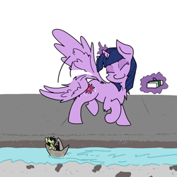 Size: 3508x3508 | Tagged: safe, artist:ponny, derpibooru import, part of a series, part of a set, twilight sparkle, twilight sparkle (alicorn), oc, oc:anon filly, alicorn, earth pony, pony, boat, box, colored, concrete, female, filly, foal, magic, mare, meep, paper, sailing, size difference, smiling, smol, telekinesis, tiny, tiny ponies, water, waving