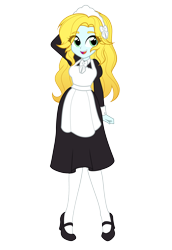 Size: 2000x2900 | Tagged: safe, artist:rileyav, derpibooru exclusive, derpibooru import, oc, oc only, oc:graceful charity, equestria girls, apron, arm behind head, blonde, bow, clothes, green eyes, hair bow, headband, high res, looking at you, maid, mary janes, open mouth, raised arm, shoes, simple background, smiling, socks, thigh highs, transparent background