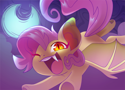 Size: 6297x4548 | Tagged: safe, artist:cutepencilcase, derpibooru import, fluttershy, bat pony, pony, bat ponified, crescent moon, cute, fangs, flutterbat, flying, moon, night, one eye closed, open mouth, open smile, race swap, shyabates, shyabetes, smiling, solo, wink