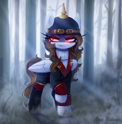 Size: 2940x2982 | Tagged: safe, artist:opal_radiance, derpibooru import, oc, oc:melancholy, pegasus, pony, undead, vampire, angry, clothes, forest, helmet, solo, stahlhelm, suit, uniform