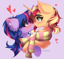 Size: 1280x1177 | Tagged: safe, artist:natanvok, derpibooru import, sunset shimmer, twilight sparkle, pony, blushing, clothes, crossed horns, ear fluff, ears, eye contact, female, heart, horn, horns are touching, lesbian, looking at each other, looking into each others eyes, scarf, shared clothing, shared scarf, shipping, striped scarf, sunsetsparkle