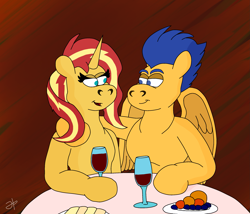 Size: 2345x2007 | Tagged: safe, artist:rotgriff, derpibooru import, flash sentry, sunset shimmer, pegasus, pony, unicorn, date, female, flashimmer, food, glass, lidded eyes, looking at each other, looking at someone, male, mare, shipping, stallion, straight, wine glass