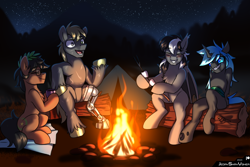 Size: 3000x2000 | Tagged: safe, artist:jedayskayvoker, derpibooru import, oc, oc:dusk avenheart, oc:kryostasis, oc:laurel crown, bat pony, changeling, earth pony, pony, amputee, bat pony oc, blushing, campfire, camping, changeling oc, colored sketch, cup, cute, earth pony oc, eyes closed, fangs, femboy, folded wings, food, heterochromia, laurel wreath, male, marshmallow, oc name needed, prosthetic leg, prosthetic limb, prosthetics, scar, sketch, smiling, teacup, unshorn fetlocks, wholesome, wings