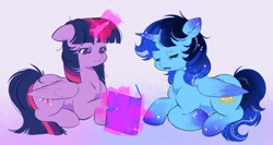 Size: 3488x1855 | Tagged: artist needed, source needed, safe, derpibooru import, twilight sparkle, twilight sparkle (alicorn), oc, oc:blue thunder, alicorn, book, canon x oc, magic, reading, sleeping, thundersparkle