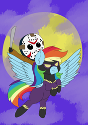 Size: 2893x4092 | Tagged: safe, artist:sadpanda1268, derpibooru import, rainbow dash, human, pegasus, pony, clothes, costume, friday the 13th, halloween, holiday, humans riding ponies, jason voorhees, machete, riding, shadowbolt dash, shadowbolts costume