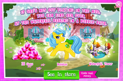 Size: 1958x1303 | Tagged: safe, derpibooru import, idw, bubbles (g1), earth pony, pony, g1, g4, advertisement, bow, bush, costs real money, english, female, gameloft, gem, idw showified, mare, mobile game, my little pony: magic princess, numbers, official, sale, solo, tail, tail bow, text, tree, water