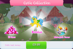 Size: 1264x858 | Tagged: safe, derpibooru import, idw, screencap, bubbles (g1), earth pony, pony, g1, g4, bow, bundle, bush, costs real money, english, female, game, gameloft, gem, idw showified, mare, mobile game, my little pony: magic princess, numbers, official, sale, solo, tail, tail bow, text, tree, water