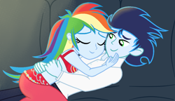 Size: 1062x612 | Tagged: artist needed, safe, derpibooru import, rainbow dash, soarin', human, equestria girls, clothes, female, male, pants, shipping, shirt, sleeping, soarindash, straight