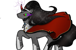 Size: 1280x846 | Tagged: safe, artist:pixel-spark, derpibooru import, king sombra, pony, unicorn, fanfic:from darkness to light, boots, cape, clothes, collar, colored horn, concave belly, crown, curved horn, dark magic, fanfic art, gem, helmet, horn, jewelry, king sideburns, magic, regalia, robe, shoes, simple background, solo, sombra eyes, sombra's horn, starry hair, transparent background, vector