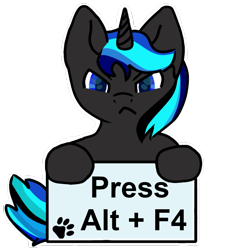 Size: 1000x1000 | Tagged: safe, artist:eminol, derpibooru import, oc, oc only, oc:source code, pony, unicorn, angry, blue eyes, commissioner:nooneknown, female, glare, horn, looking at you, mare, sign, simple background, solo, text, transparent background, unicorn oc