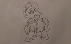 Size: 3264x2040 | Tagged: safe, artist:peternators, derpibooru import, oc, oc only, oc:heroic armour, pony, unicorn, blushing, clothes, colt, crossdressing, dress, ears, floppy ears, foal, male, mary janes, monochrome, shoes, sketch, socks, thigh highs, traditional art