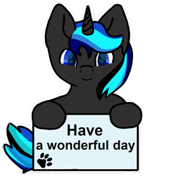 Size: 1000x1000 | Tagged: safe, artist:eminol, derpibooru import, oc, oc:source code, pony, unicorn, blue eyes, commissioner:nooneknown, female, horn, looking at you, mare, sign, simple background, smiling, text, transparent background, unicorn oc