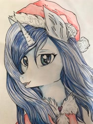 Size: 3024x4032 | Tagged: safe, alternate version, artist:hysteriana, derpibooru import, oc, oc only, oc:spacelight, pony, unicorn, blue eyes, blue mane, christmas, clothes, crystal, cute, ear fluff, ears, face, fur, hat, holiday, open mouth, santa hat, solo, suit, traditional art