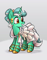 Size: 1280x1608 | Tagged: safe, artist:pandan009, derpibooru import, lyra heartstrings, pony, unicorn, alternate hairstyle, clothes, cute, dress, ear piercing, earring, female, gala dress, happy, hoof shoes, jewelry, lyrabetes, mare, piercing, shoes, smiling, solo