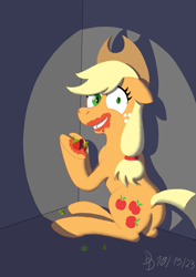 Size: 1131x1600 | Tagged: safe, artist:darkdabula, derpibooru import, applejack, earth pony, pony, undead, vampire, caught, creepy, dishonorapple, fangs, food, grin, juice, slit eyes, smiling, solo, strawberry