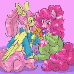 Size: 2048x2048 | Tagged: safe, artist:honolu-loo, derpibooru import, fluttershy, pinkie pie, earth pony, pegasus, pony, clothes, duo, female, flutterpie, freckles, freckleshy, lesbian, pajamas, pink background, plushie, shipping, simple background, sleepover