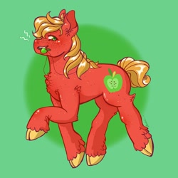 Size: 2048x2048 | Tagged: safe, artist:honolu-loo, derpibooru import, big macintosh, earth pony, pony, autism, autism spectrum disorder, chew toy, cloven hooves, green background, jewelry, necklace, neurodivergent, simple background, solo, stimming