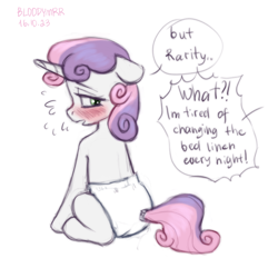 Size: 3000x3000 | Tagged: safe, artist:bloodymrr, derpibooru import, rarity, sweetie belle, pony, unicorn, abdl, art, blushing, curly hair, dialogue, diaper, diaper fetish, embarrassed, emotional, emotions, female, fetish, implied bedwetting, shy, siblings, sisters, sketch, solo