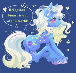 Size: 2041x1949 | Tagged: safe, artist:honolu-loo, derpibooru import, night glider (g1), earth pony, pony, g1, blue background, butt, hooves, nonbinary, plot, positive message, simple background, sitting, slim, solo, thin, unshorn fetlocks