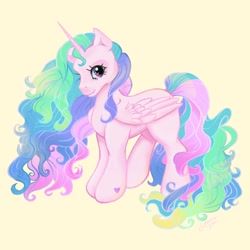 Size: 2048x2048 | Tagged: safe, artist:honolu-loo, derpibooru import, princess celestia, alicorn, pony, g3, g4, g4 to g3, generation leap, pinklestia, simple background, solo, yellow background