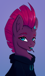 Size: 1203x2000 | Tagged: safe, artist:tanatos, derpibooru import, tempest shadow, pony, unicorn, broken horn, bust, candy, clothes, female, food, glowing, glowing horn, hoodie, horn, lollipop, looking at you, mare, mouth hold, portrait, redraw, scarf, simple background, three quarter view