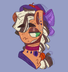 Size: 1280x1363 | Tagged: safe, artist:tottallytoby, derpibooru import, applejack, earth pony, pony, blue background, bow, braid, bust, chest fluff, choker, ear freckles, ear piercing, earring, emo, female, freckles, hat, jewelry, lidded eyes, mare, piercing, purple background, simple background, solo, thick eyebrows