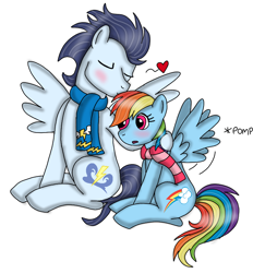 Size: 720x776 | Tagged: safe, artist:dasher666, artist:olyollyoxenfree, derpibooru import, edit, rainbow dash, soarin', pegasus, pony, blushing, clothes, female, kissing, male, mare, scarf, shipping, simple background, soarindash, stallion, straight, striped scarf, white background