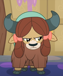 Size: 576x701 | Tagged: safe, derpibooru import, screencap, yona, yak, the hearth's warming club, bow, cloven hooves, female, hair bow, monkey swings, solo, unamused, yona is not amused