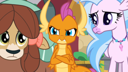 Size: 1600x900 | Tagged: safe, derpibooru import, screencap, silverstream, smolder, yona, classical hippogriff, dragon, hippogriff, yak, the hearth's warming club, angry, bow, crossed arms, dragoness, female, hair bow, jewelry, monkey swings, necklace