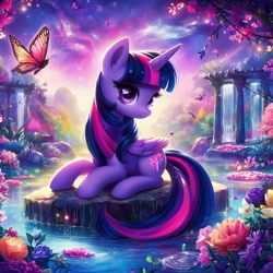 Size: 1024x1024 | Tagged: safe, ai content, derpibooru import, generator:bing image creator, generator:dall-e 3, machine learning generated, twilight sparkle, twilight sparkle (alicorn), alicorn, butterfly, cute, flower, galaxy, pond, scenery, scenery porn, water