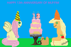 Size: 1536x1024 | Tagged: safe, artist:miky94c, derpibooru exclusive, derpibooru import, applejack, fluttershy, earth pony, pegasus, pony, 1000 hours in ms paint, anniversary, cake, candle, cowboy hat, food, freckles, grass, hat, mlp fim's thirteenth anniversary, paint, paint 3d, party hat, simple background, sitting