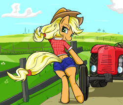 Size: 1277x1097 | Tagged: safe, artist:sallycars, derpibooru import, applejack, earth pony, pony, applejack day, applejack's hat, bipedal, butt, clothes, cowboy hat, daisy dukes, fence, field, hat, legitimately amazing mspaint, looking at you, looking back, looking back at you, looking over shoulder, ms paint, plot, shirt, shorts, solo, tractor