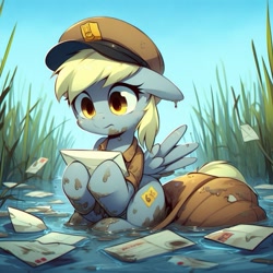 Size: 1075x1075 | Tagged: safe, ai content, derpibooru import, generator:bing image creator, machine learning generated, derpy hooves, pegasus, bag, cute, female, mailbag, mailmare, mare, mud, muddy, sad, sadorable, solo, water, wrong cutie mark