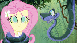 Size: 893x502 | Tagged: safe, artist:14oliverhedgehog, derpibooru import, edit, edited screencap, screencap, fluttershy, human, snake, equestria girls, coils, hypno eyes, hypnoshy, hypnosis, hypnotized, jungle, kaa, kaa eyes, wrapped up