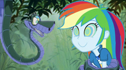 Size: 892x501 | Tagged: safe, artist:14oliverhedgehog, derpibooru import, edit, edited screencap, screencap, rainbow dash, human, snake, equestria girls, coils, female, hypno dash, hypno eyes, hypnosis, hypnotized, jungle, kaa, kaa eyes, male, smiling, wrapped up