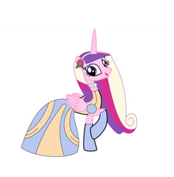 Size: 1280x1306 | Tagged: safe, artist:brightstar40k, derpibooru import, princess cadance, alicorn, pony, alternate hairstyle, cinderella, clothes, dress, evening gloves, female, flower, flower in hair, gloves, gown, jetlag productions, long gloves, mare, open mouth, open smile, poofy shoulders, simple background, smiling, solo, white background