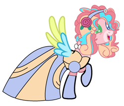 Size: 1168x1003 | Tagged: safe, artist:brightstar40k, derpibooru import, pinkie pie, alicorn, pony, alicornified, alternate design, alternate eye color, alternate hair color, alternate hairstyle, alternate universe, cinderella, clothes, dress, evening gloves, flower, flower in hair, gloves, gown, jetlag productions, jewelry, long gloves, necklace, open mouth, open smile, pearl necklace, poofy shoulders, princess pinkie pie, race swap, raised hoof, raised leg, simple background, smiling, white background, wings