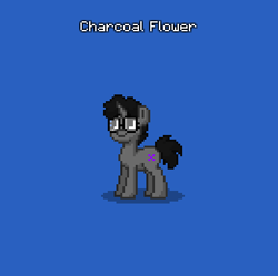 Size: 390x388 | Tagged: safe, derpibooru import, oc, oc only, oc:charcoal flower, pony, unicorn, black mane, black tail, blue background, cutie mark, female, flower, glasses, grey fur, horn, pony town, ponysona, simple background, tail, unicorn oc