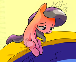 Size: 2344x1899 | Tagged: safe, artist:mandumustbasukanemen, derpibooru import, diamond tiara, pony, bridge, depressed, female, filly, foal, looking down, sad, solo