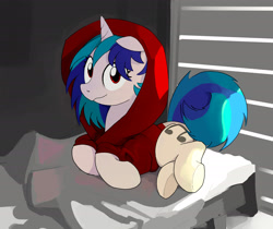 Size: 2267x1905 | Tagged: safe, artist:mandumustbasukanemen, derpibooru import, dj pon-3, vinyl scratch, pony, unicorn, bed, clothes, female, hoodie, indoors, looking at you, lying down, mare, on bed, red eyes, smiling, solo, wrong eye color