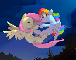 Size: 2447x1943 | Tagged: safe, artist:mandumustbasukanemen, derpibooru import, fluttershy, rainbow dash, pegasus, duo, female, flying, happy, laughing, mare, outdoors, playing, sky