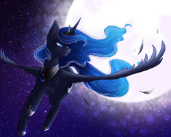 Size: 999x800 | Tagged: safe, artist:firelock13, derpibooru import, princess luna, alicorn, pony, g4, beautiful, blue eyes, blue mane, blue tail, crown, ethereal mane, ethereal tail, female, flowing mane, flying, hoof shoes, horn, jewelry, mare, moon, moonlight, night, peytral, regalia, smiling, solo, sparkles, spread wings, starry mane, starry tail, stars, tail, wings