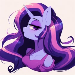 Size: 1024x1024 | Tagged: safe, ai content, derpibooru import, generator:dall-e 3, machine learning generated, princess luna, alicorn, anthro, clothes, eyelashes, female, horn, long hair, looking at you, makeup, multicolored hair, pony ears