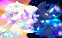 Size: 1024x640 | Tagged: safe, artist:colourboom, derpibooru import, princess celestia, princess luna, alicorn, pony, g4, blue eyes, blue mane, bust, crepuscular rays, crown, digital art, duality, duo, duo female, ethereal mane, eyeshadow, female, flowing mane, gem, glowing, gradient background, horn, jewelry, looking at you, makeup, mare, moonlight, multicolored mane, night, pink eyes, portrait, regalia, sky, smiling, smiling at you, solo, sparkles, starry mane, stars, sunlight