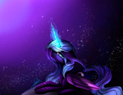 Size: 1024x787 | Tagged: safe, artist:irayuune, derpibooru import, princess luna, alicorn, pony, g4, blue eyes, blue mane, blue tail, crying, digital art, ethereal mane, ethereal tail, eyelashes, eyeshadow, feather, female, flowing mane, folded wings, glowing, glowing horn, horn, jewelry, looking up, lying down, magic, makeup, mane, mare, moon, moonlight, night, peytral, regalia, sad, signature, solo, sparkles, starry mane, starry night, starry tail, stars, tail, teary eyes, wings