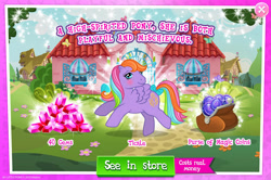 Size: 1962x1300 | Tagged: safe, derpibooru import, idw, tickle (g1), pegasus, pony, g1, g4, advertisement, bow, coin purse, costs real money, english, female, gameloft, gem, idw showified, magic coins, mare, mobile game, my little pony: magic princess, numbers, official, sale, solo, tail, tail bow, text, wings