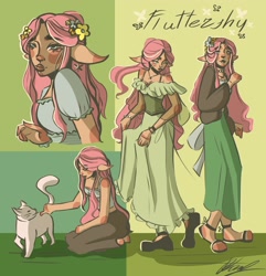 Size: 2895x3000 | Tagged: safe, artist:8lep8a, derpibooru import, fluttershy, cat, human, alternate hairstyle, barefoot, bracelet, clothes, coat, denim, dress, ear piercing, eared humanization, earring, elf ears, female, flats, floral head wreath, flower, humanized, jeans, jewelry, necklace, pants, piercing, sandals, shirt, shoes, skirt, solo, tanktop, wristband
