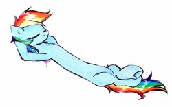 Size: 5133x3208 | Tagged: safe, alternate version, artist:liaaqila, derpibooru exclusive, derpibooru import, rainbow dash, pony, arm behind head, belly, cute, dashabetes, eyes closed, female, long dash, long pony, lying down, mare, missing cutie mark, on back, simple background, smiling, solo, traditional art, underhoof, white background, wingless